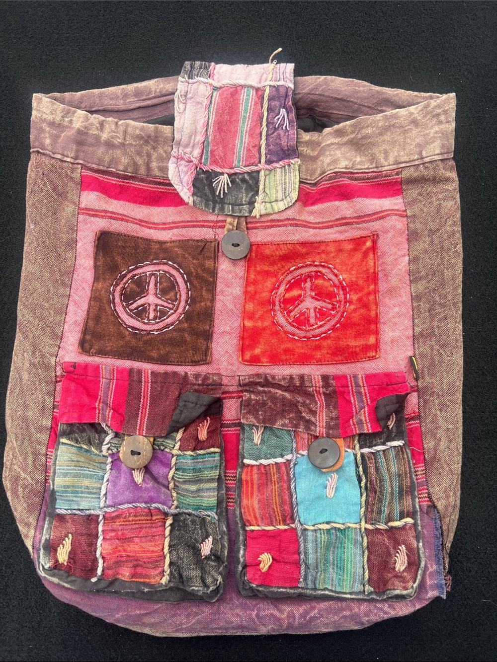 Colorful Patchwork Boho Backpack with Peace Sign Pockets